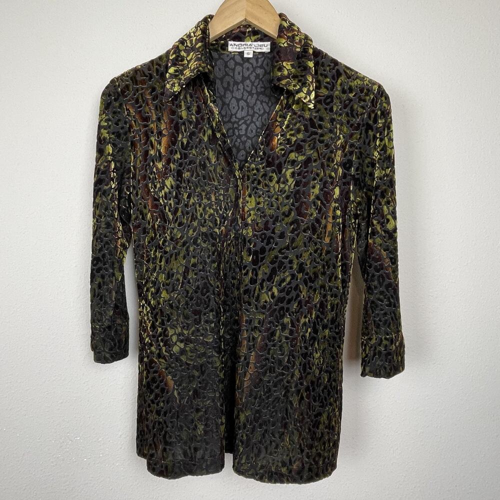 Vintage Andria Lieu Velvet Burnout Top S Green Brown Forest Fairy USA‎
